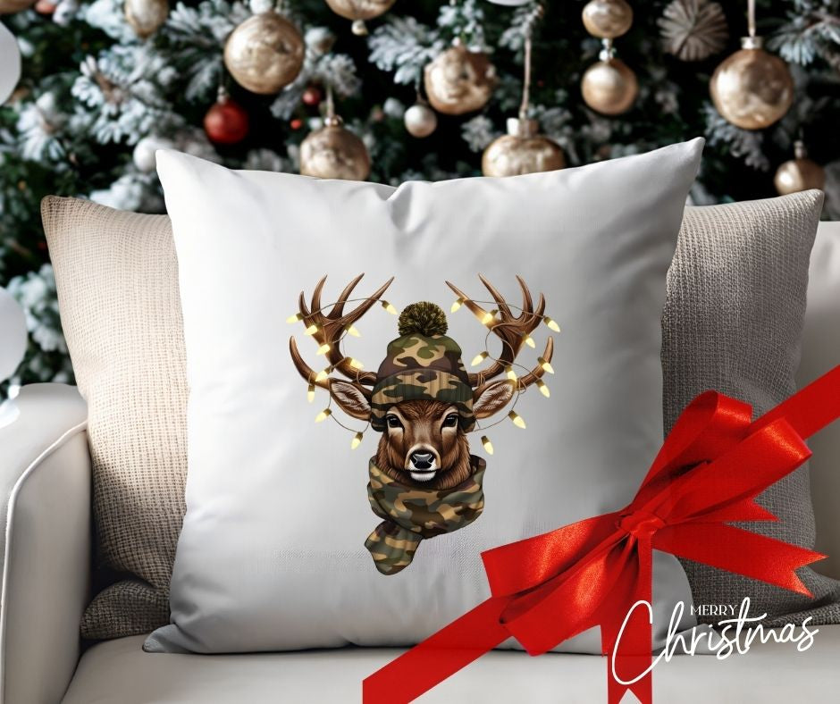 Personalised Stag Christmas Cushion Cover – Camouflage Beanie & Fairy Lights