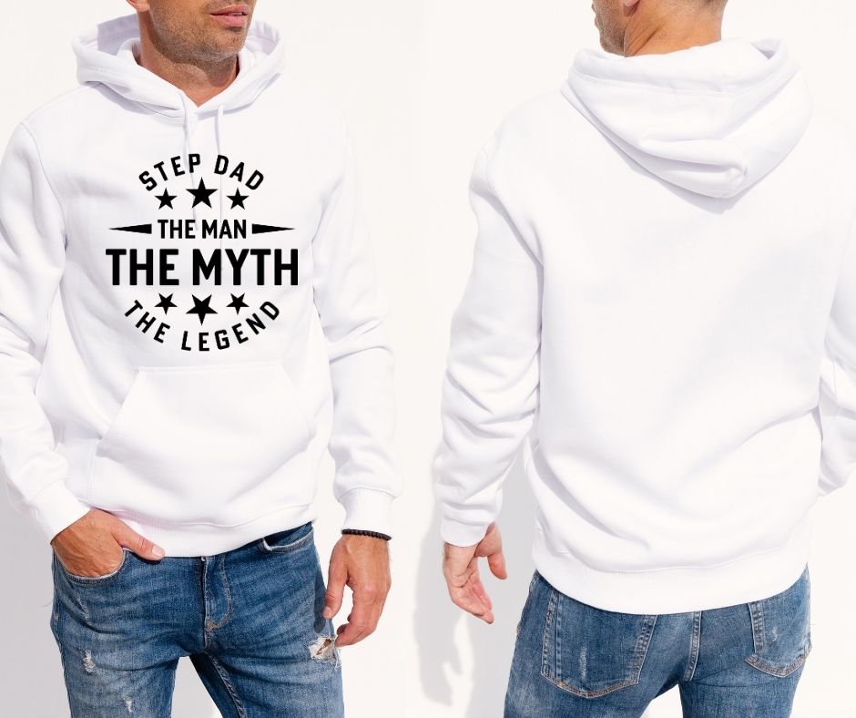 Men’s White Hoodie – “Step Dad – The Man, The Myth, The Legend”
