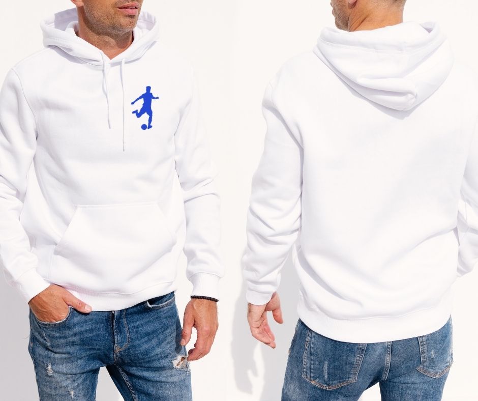 Men’s White Hoodie – Footballer Design with Ball