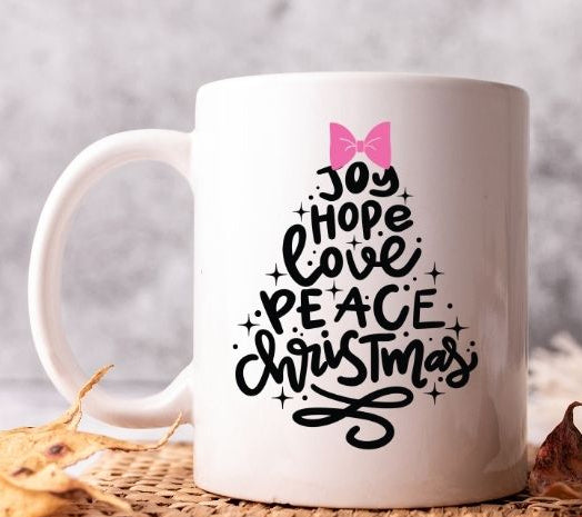Personalised Christmas Mug – “Joy, Hope, Love, Peace, Christmas” Tree Design with Pink Bow