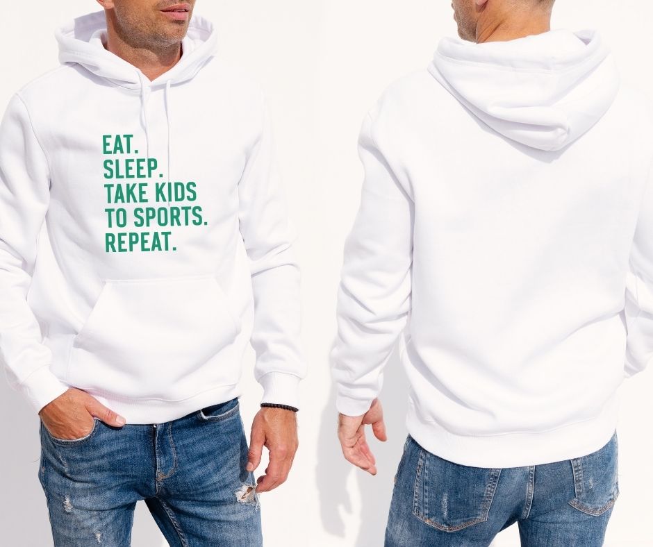 “Eat Sleep Take Kids to Sports Repeat” – Funny Men’s Hoodie