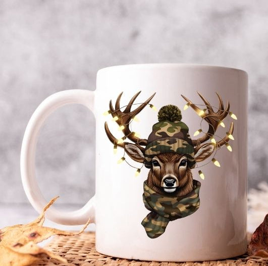 Personalised Christmas Mug β Stag in Camouflage with Beanie Hat & Festive Lights