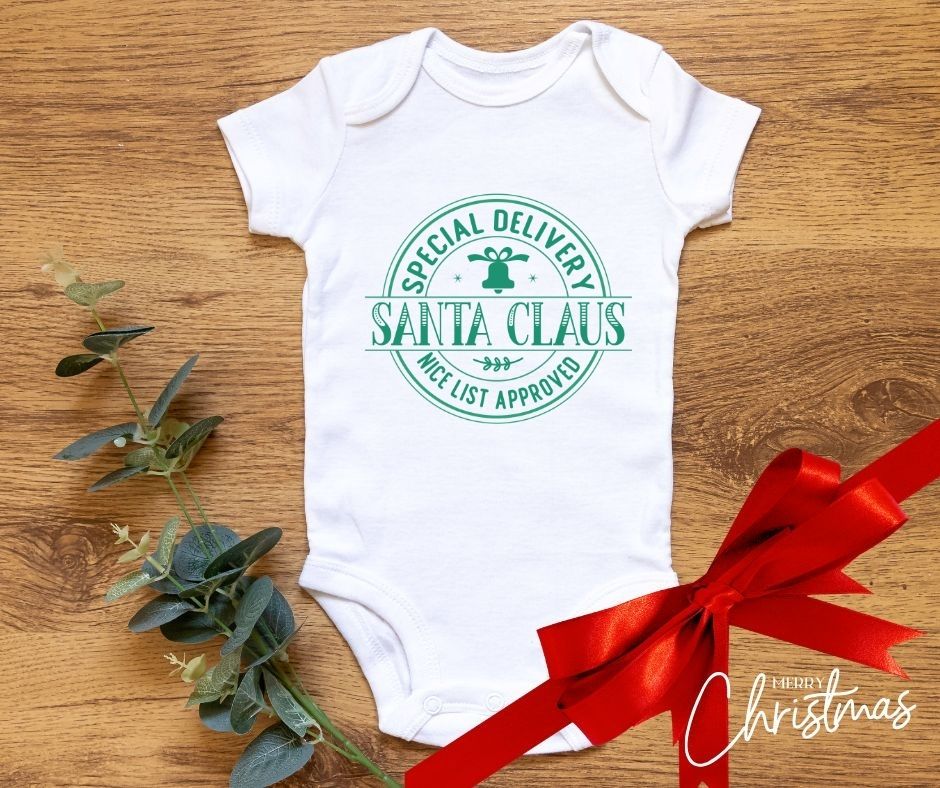 Personalised Baby’s Christmas Vest – “Special Delivery Santa Claus Nice List Approved”