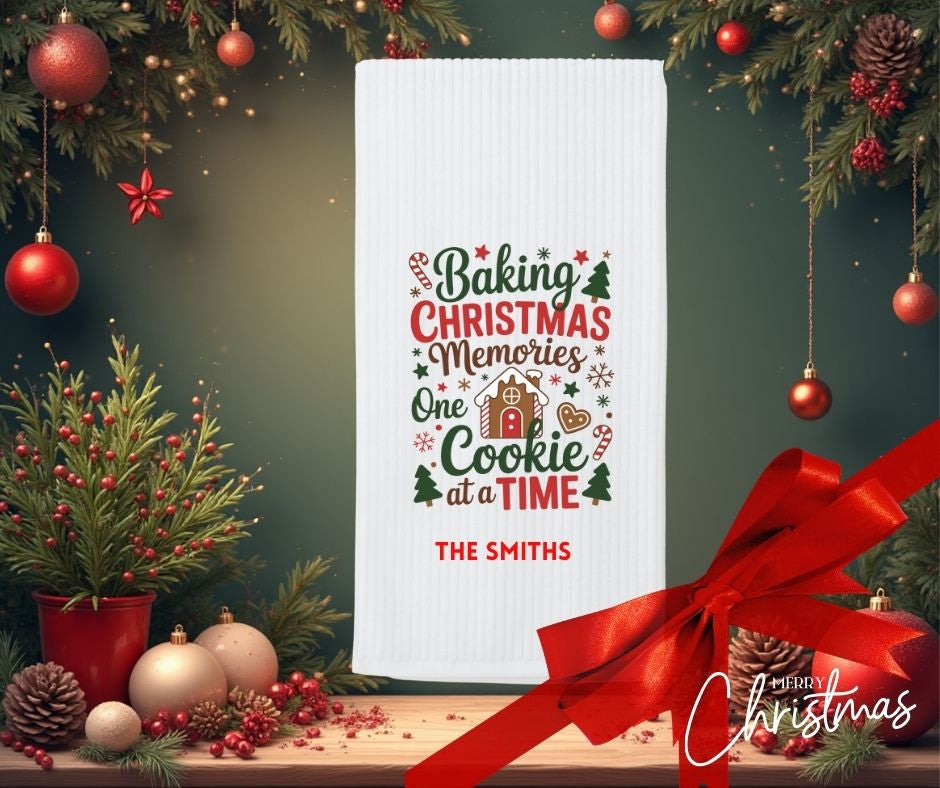 Personalised Christmas Tea Towel, Baking Christmas Memories Design