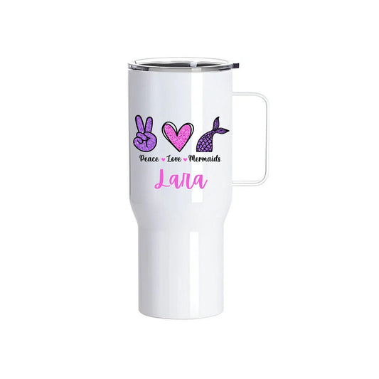 Personalised Mermaid Stainless Steel Tumbler with Handle β 25oz | Peace Love Mermaids Design