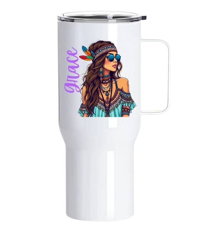 Personalised Boho Girl Tumbler with Handle – 25oz Stainless Steel Cup