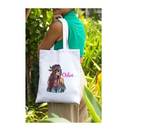 Personalised Boho Feather Girl Tote Bag – Custom Name Shopper
