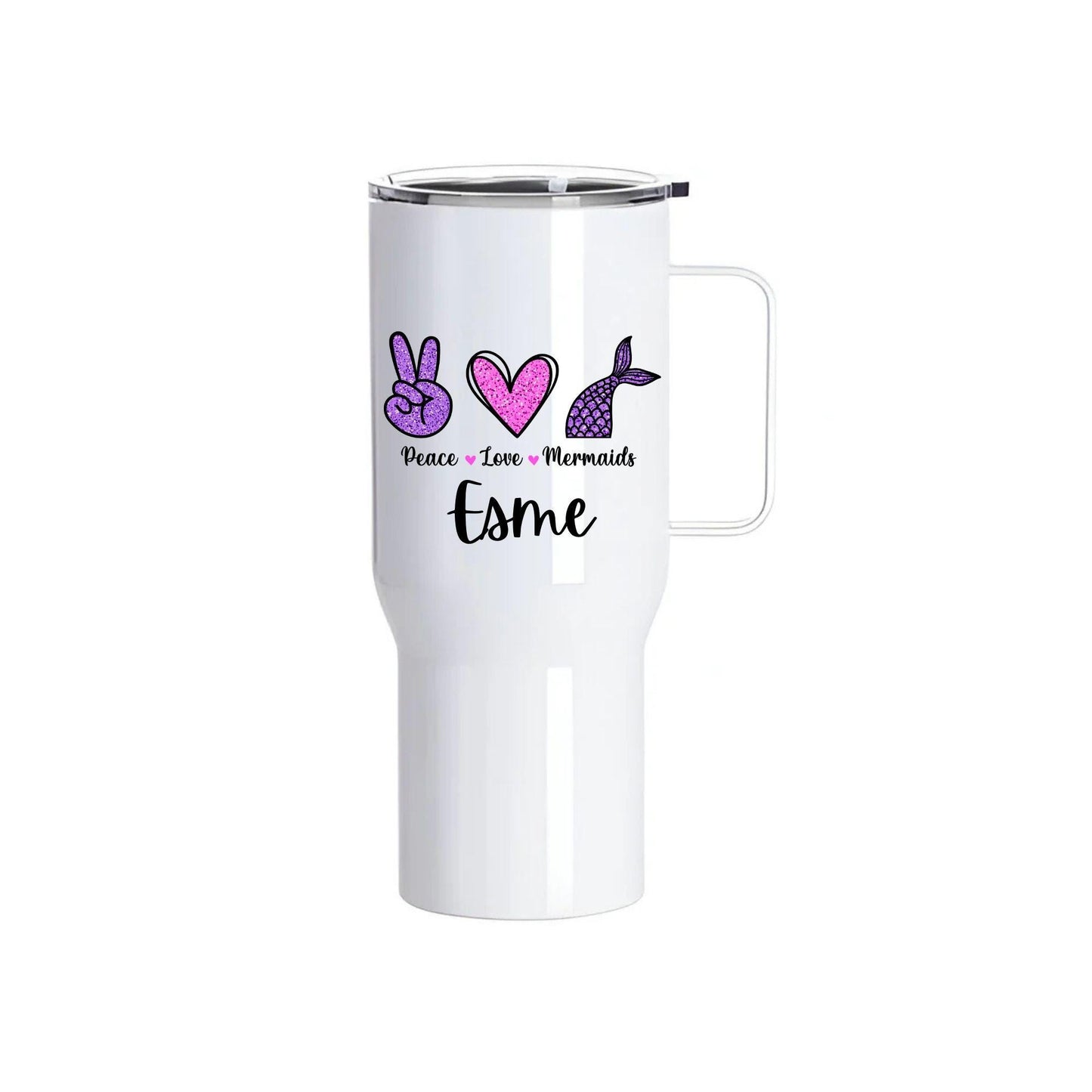 Personalised Mermaid Stainless Steel Tumbler with Handle – 25oz | Peace Love Mermaids Design