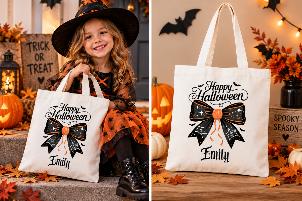 Personalised Happy Halloween Bow Trick or Treat Tote Bag