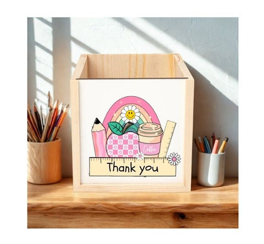 Personalised Wooden Pencil Pot – Colourful School Icons Design 🌈✏️