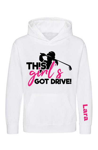 Personalised “This Girl’s Got Drive” Golf Hoodie – Kids