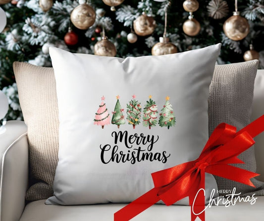 Personalised “Merry Christmas” Cushion Cover – 4 Colourful Trees