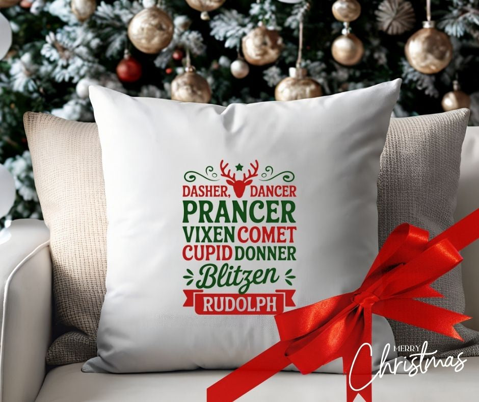 Personalised Reindeer Christmas Cushion Cover – Red & Green Reindeer List Design