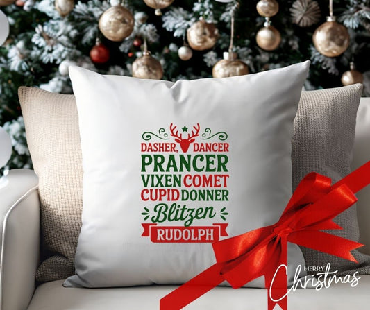 Personalised Reindeer Christmas Cushion Cover – Red & Green Reindeer List Design
