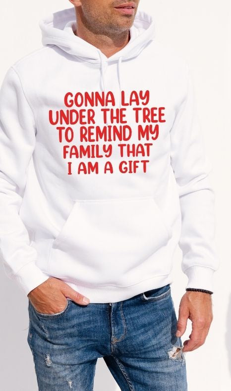 Men’s White Hoodie – “Gonna lay under the tree to remind my family that I am a gift”