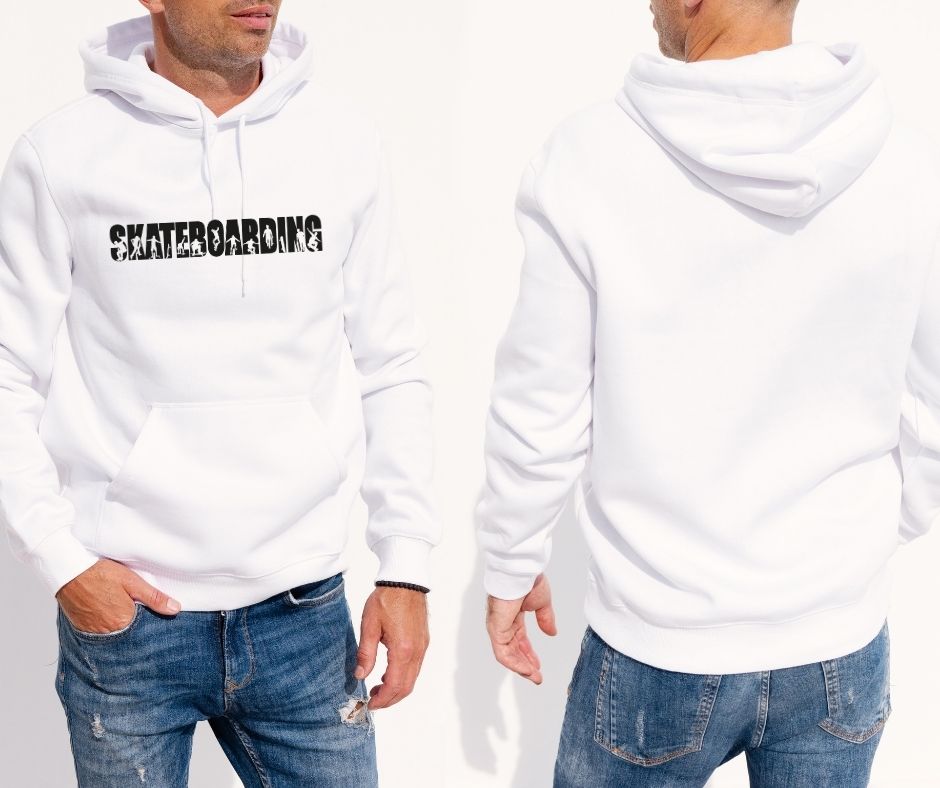 Men’s White Hoodie – “Skateboarding” Design