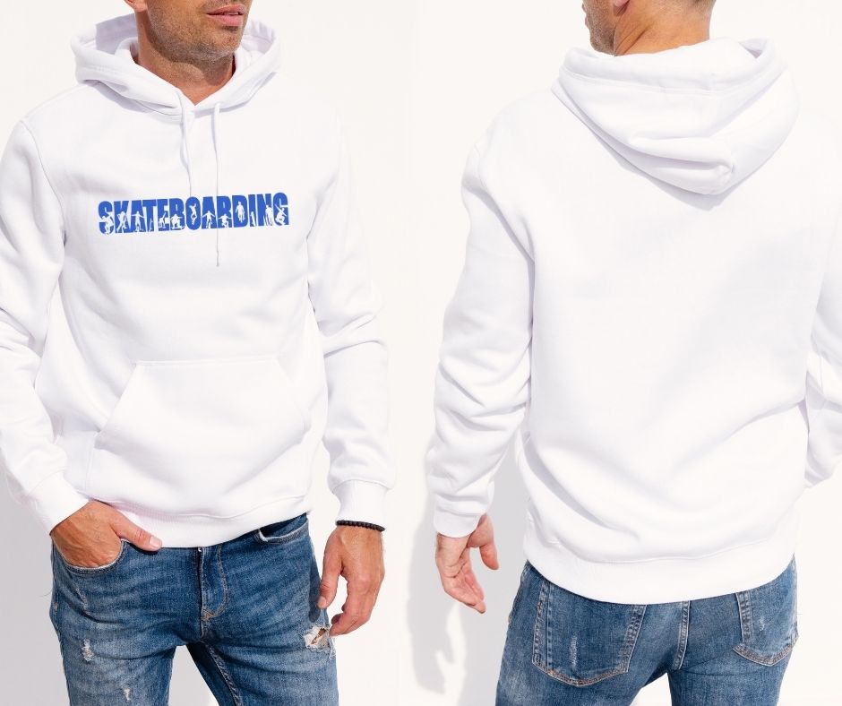 Men’s White Hoodie – “Skateboarding” Design