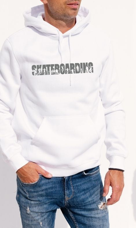 Men’s White Hoodie – “Skateboarding” Design