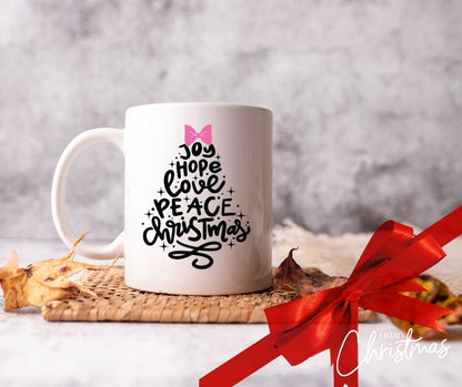 Personalised Christmas Mug – “Joy, Hope, Love, Peace, Christmas” Tree Design with Pink Bow