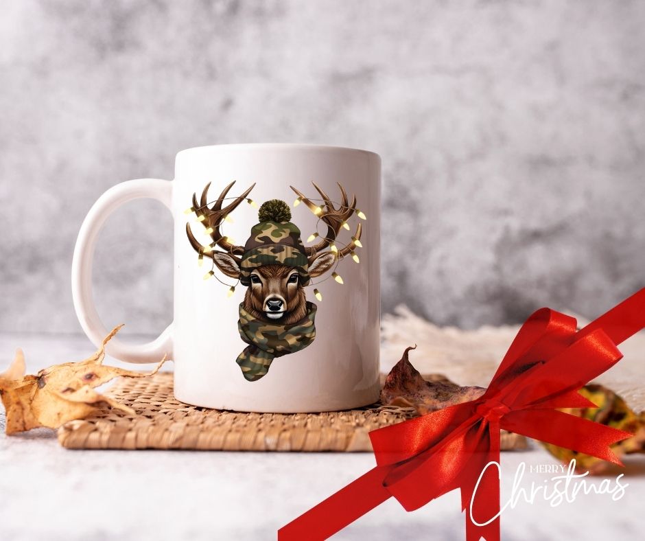 Personalised Christmas Mug – Stag in Camouflage with Beanie Hat & Festive Lights