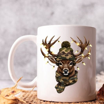 Personalised Christmas Mug – Stag in Camouflage with Beanie Hat & Festive Lights