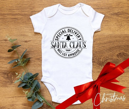 Personalised Baby’s Christmas Vest – “Special Delivery Santa Claus Nice List Approved”