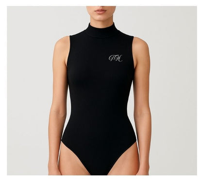 Black Sleeveless Polo Neck Leotard – Starlite Dixie Cotton Lycra , Personalised by The Little Gift Workshop