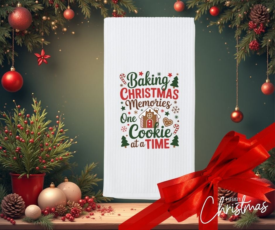 Personalised Christmas Tea Towel, Baking Christmas Memories Design