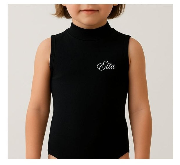 Black Sleeveless Polo Neck Leotard – Starlite Dixie Cotton Lycra , Personalised by The Little Gift Workshop