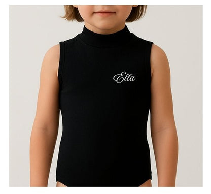Black Sleeveless Polo Neck Leotard – Starlite Dixie Cotton Lycra , Personalised by The Little Gift Workshop