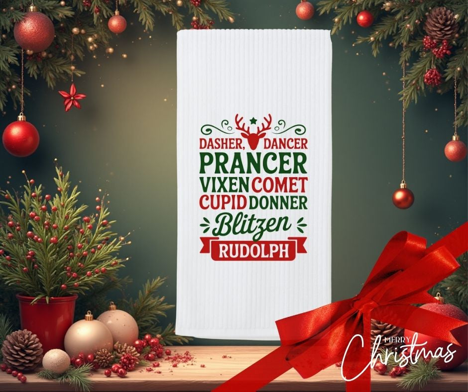 Personalised Christmas Tea Towel, ‘Reindeer Names’ Design