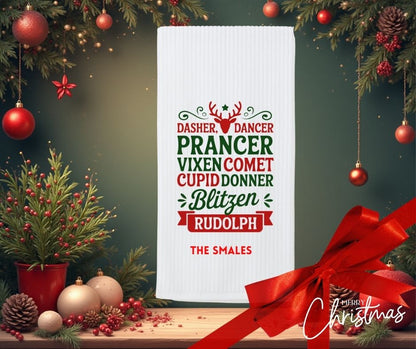 Personalised Christmas Tea Towel, ‘Reindeer Names’ Design