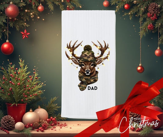 Personalised Christmas Tea Towel, ‘Festive Camo Reindeer’ Memories Design