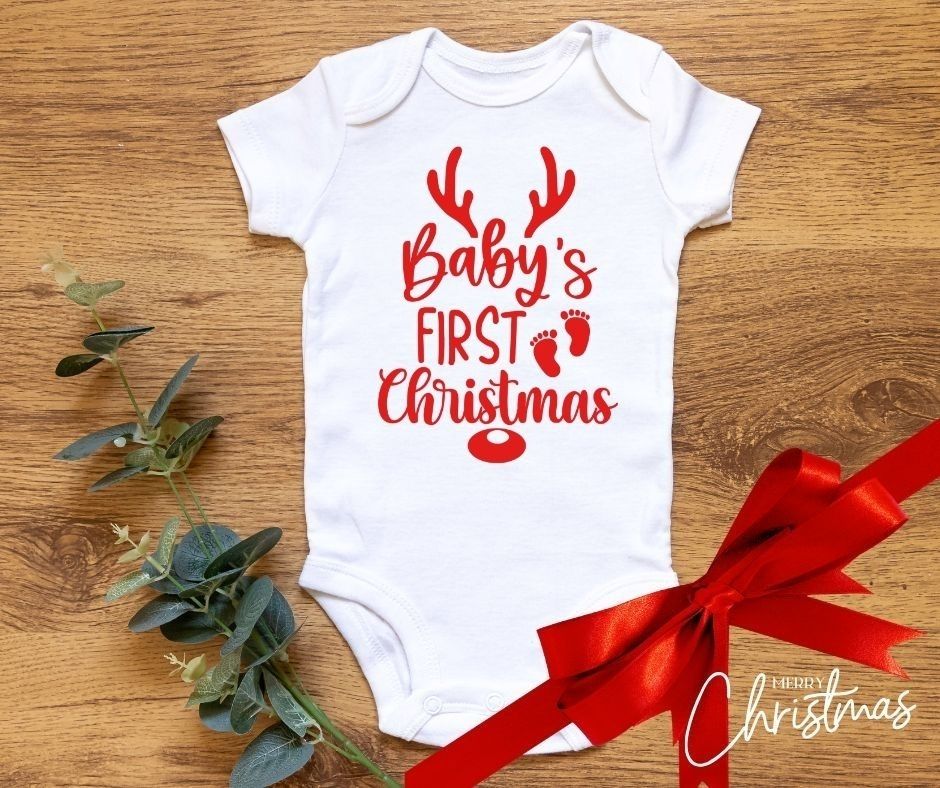 Personalised Baby’s Christmas Vest – “Baby’s First Christmas” Reindeer Design