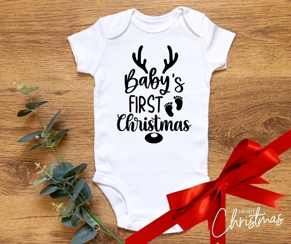 Personalised Baby’s Christmas Vest – “Baby’s First Christmas” Reindeer Design