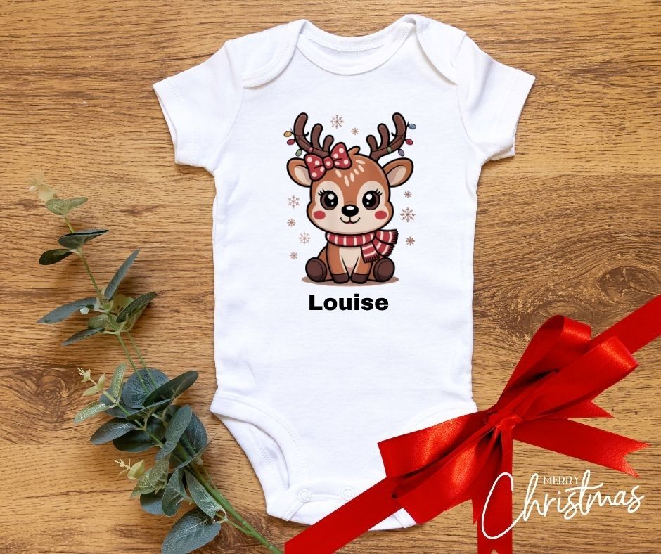 Personalised Baby’s Christmas Vest – Baby Reindeer with Bow & Scarf Design