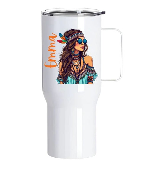 Personalised Boho Girl Tumbler with Handle – 25oz Stainless Steel Cup