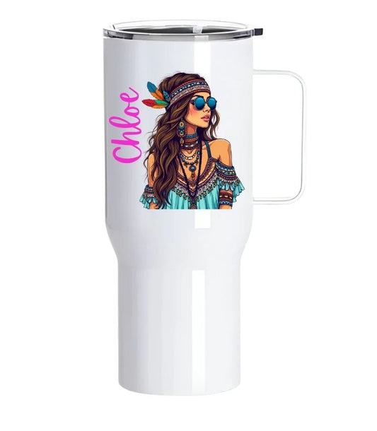 Personalised Boho Girl Tumbler with Handle – 25oz Stainless Steel Cup