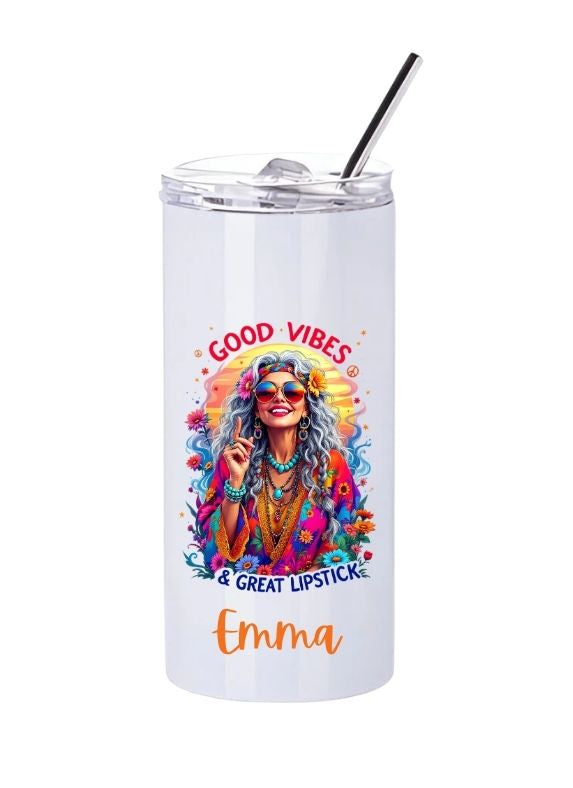 Personalised Boho Girl Slim Tumbler with Straw – 480ml Stainless Steel Cup
