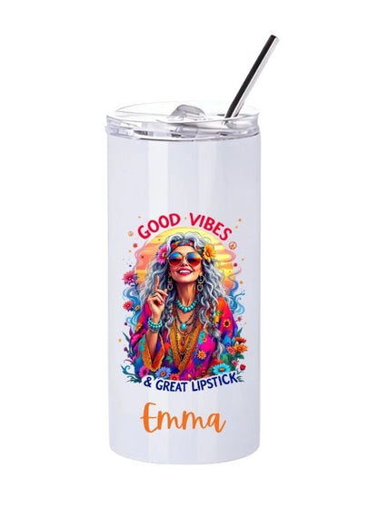 Personalised Boho Girl Slim Tumbler with Straw – 480ml Stainless Steel Cup