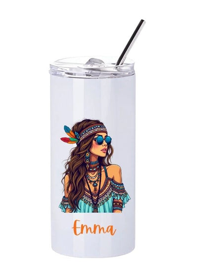 Personalised Boho Feather Girl Slim Tumbler with Straw – 480ml Stainless Steel Cup