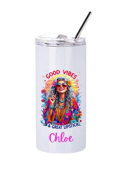Personalised Boho Girl Slim Tumbler with Straw – 480ml Stainless Steel Cup