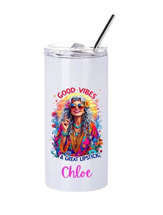 Personalised Boho Girl Slim Tumbler with Straw – 480ml Stainless Steel Cup