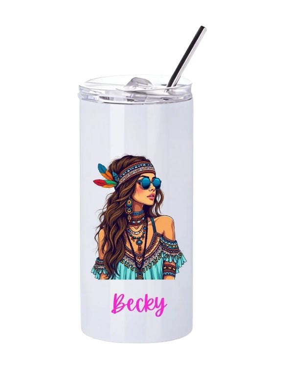 Personalised Boho Feather Girl Slim Tumbler with Straw – 480ml Stainless Steel Cup