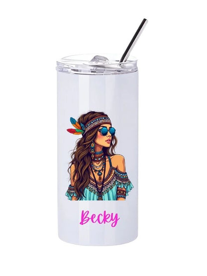 Personalised Boho Feather Girl Slim Tumbler with Straw – 480ml Stainless Steel Cup