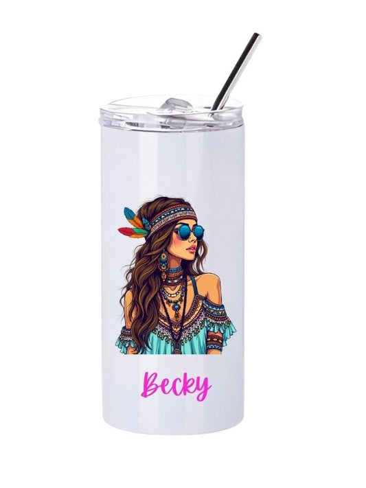 Personalised Boho Feather Girl Slim Tumbler with Straw – 480ml Stainless Steel Cup