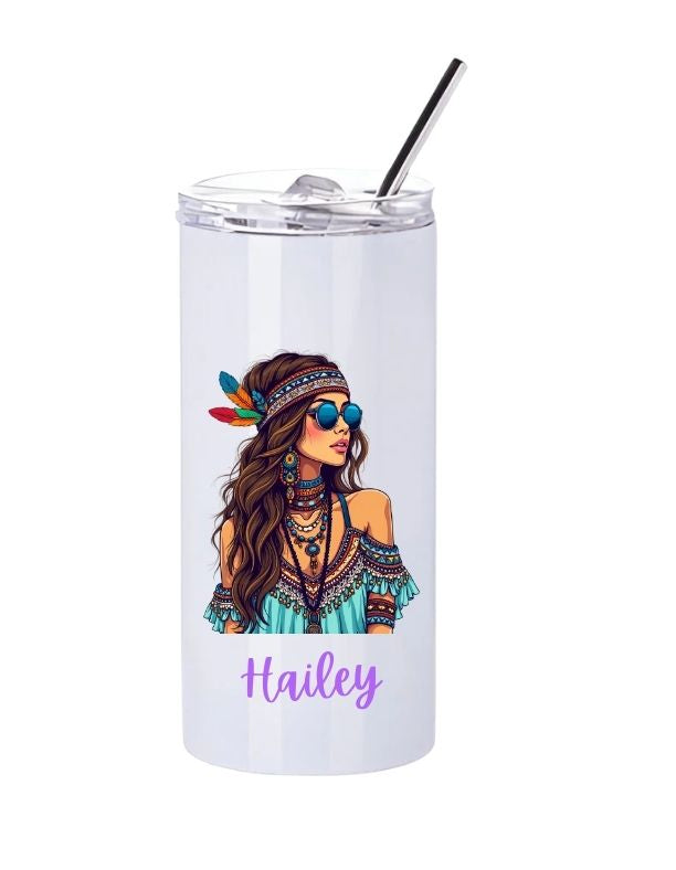 Personalised Boho Feather Girl Slim Tumbler with Straw – 480ml Stainless Steel Cup