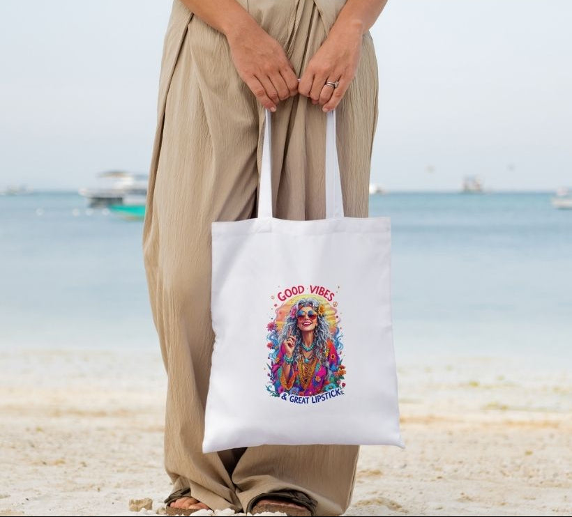 Personalised Boho Tote Bag – “Good Vibes & Great Lipstick”
