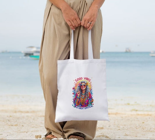 Personalised Boho Tote Bag – “Good Vibes & Great Lipstick”