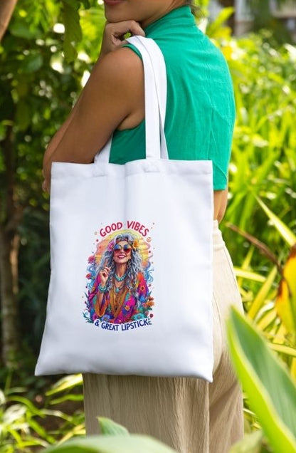 Personalised Boho Tote Bag – “Good Vibes & Great Lipstick”